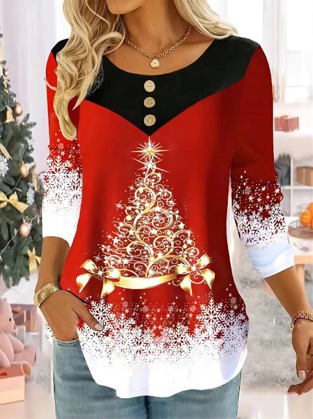 

Women's Long Sleeve Blouse Spring/Fall Christmas Jersey Crew Neck Daily Going Out Casual Top, Red, Shirts