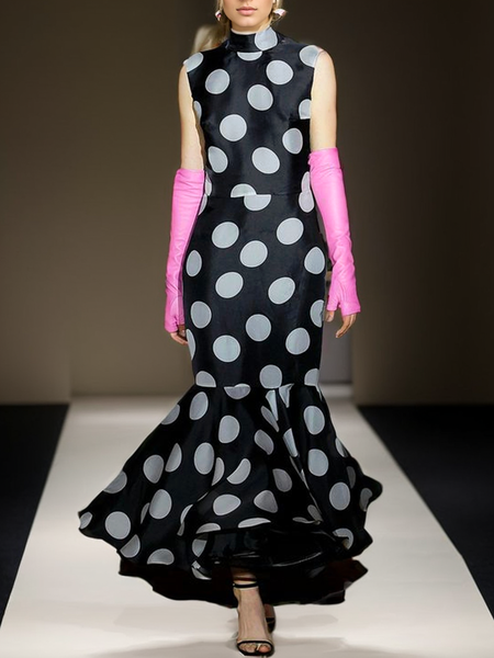 

Regular Fit Elegant Crew Neck Polka Dots Party Dress, As picture, Maxi Dresses