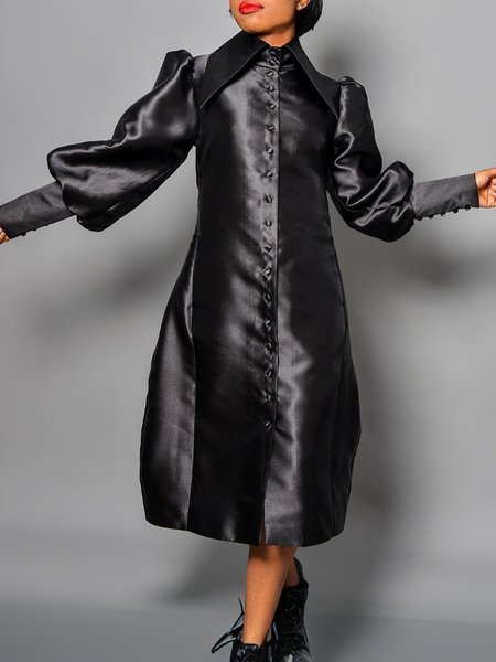 

Urban Plain Regular Fit Satin Shirt Collar Raglan Sleeve Dress, Black, Midi Dresses