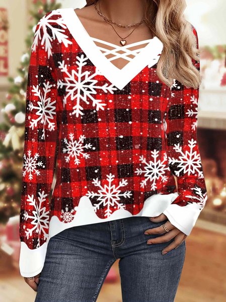 

Cross Neck Long Sleeve Christmas Regular Micro-Elasticity Loose Blouse For Women, Red, Blouses
