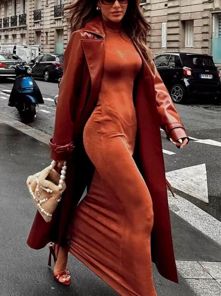 

Regular Sleeve Urban Faux Leather Coat, Brown, Coats