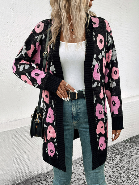 Women Yarn/Wool Yarn Floral Long Sleeve Comfy Casual Sweater, Black, Sweaters