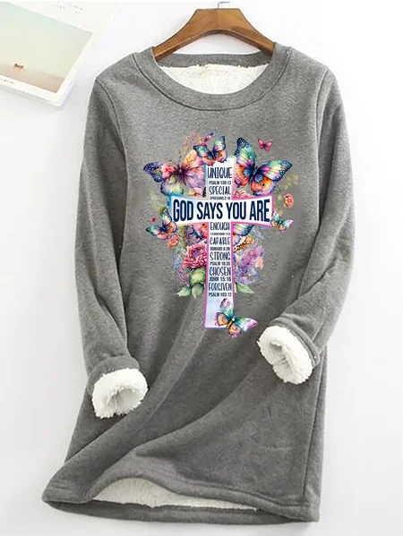 

God Says You Are Cross Bible Verse Cross with Watercolor flowers and Butterflies Casual Fluff Fleece Fabric Sweatshirt, Gray, Hoodies&Sweatshirts
