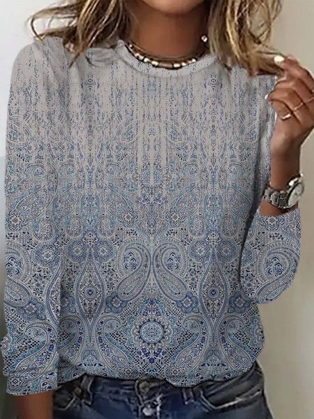 Casual Ethnic Crew Neck Long Sleeve T-shirt, Blue, T-shirts