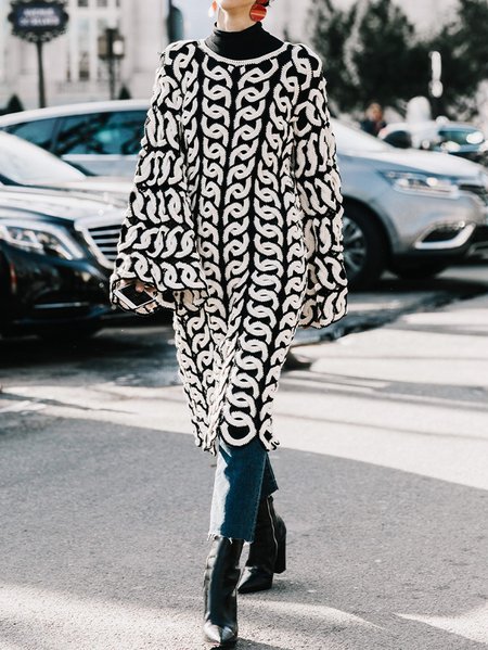 

Geometric Casual Regular Sleeve Mock Neck Sweater Dress, Black-white, Midi Dresses