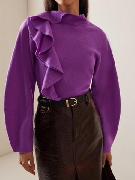 

Plain Regular Fit Urban Peplum Long Sleeve Sweater, Purple, Pullovers