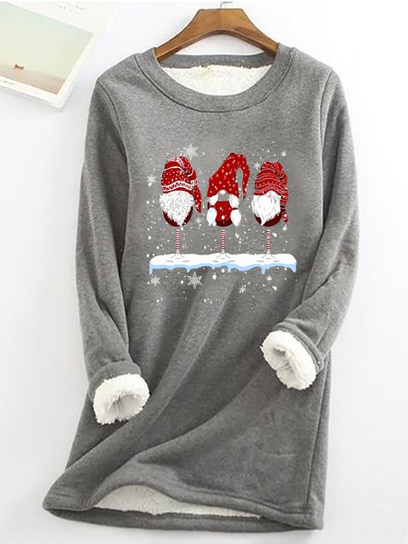 Wine Glasses Gnomies Christmas Casual Fluff Fleece Fabric Sweatshirt, Gray, Hoodies&Sweatshirts
