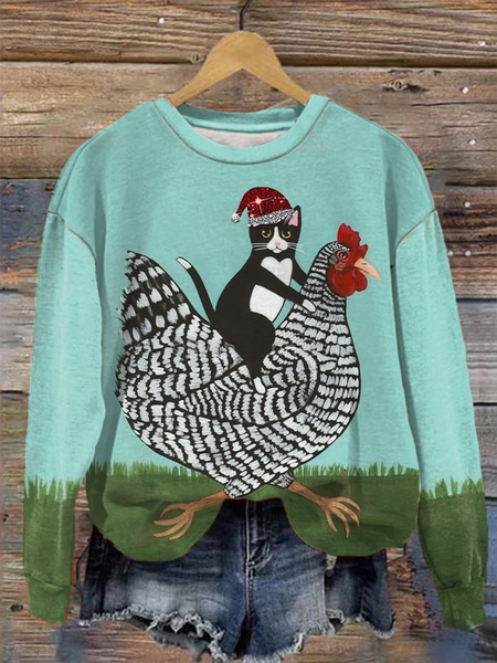 

Women's Funny Christmas Cat And Sledding Chicken Print Sweatshirt, Green, Hoodies&Sweatshirts