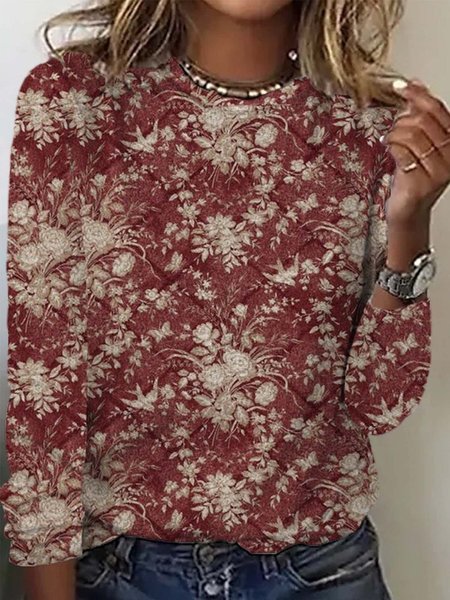 

Casual Floral Crew Neck Long Sleeve T-shirt, Red, T-shirts