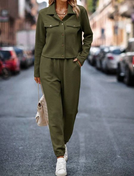 

Women Plain Shawl Collar Long Sleeve Comfy Casual Top With Pants Two-Piece Set, Army green, Sets