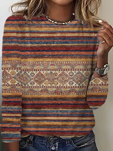 

Casual Ethnic Crew Neck Long Sleeve T-shirt, Multicolor, T-shirts