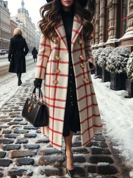 Urban Plaid Lapel Collar Buttoned Long Sleeve Coat, As picture, Coats