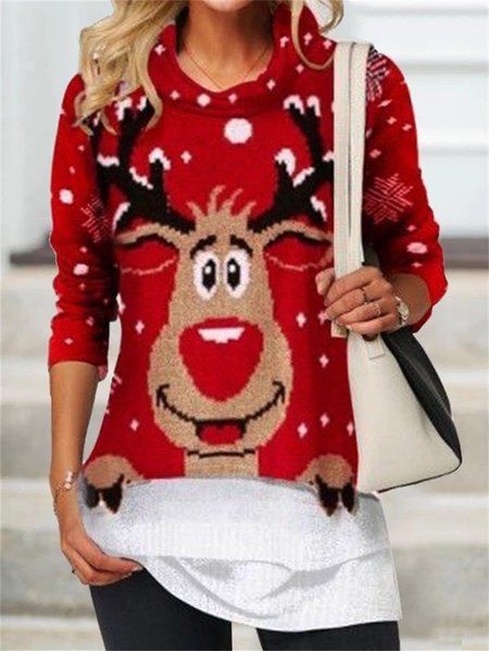 

Shawl Collar Long Sleeve Christmas Regular Micro-Elasticity Loose Blouse For Women, Wine red, Blouses
