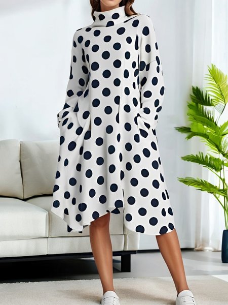 

Polka Dots Casual Long Sleeves Loose Dress, White, Midi Dresses