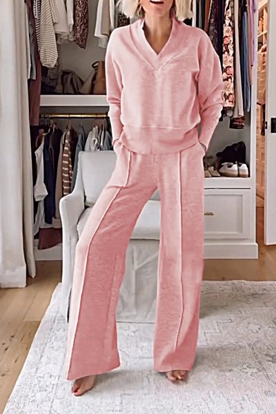 

Women Plain V Neck Long Sleeve Comfy Casual Top With Pants Two-Piece Set, Pink, Sets