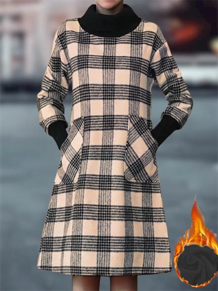 

Women Plaid Turtleneck Long Sleeve Comfy Casual Maxi Dress, Brown, Dresses