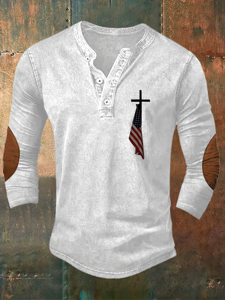 

Men's Vintage Flag Cross Cotton Henley Shirt, White, T-shirts