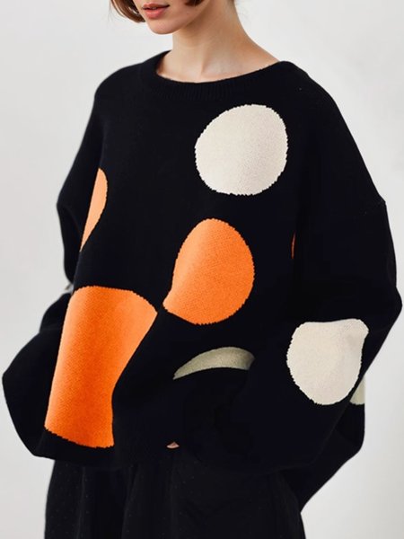 

Raglan Sleeves Casual Polka Dots Loose Sweater, Black, Pullovers