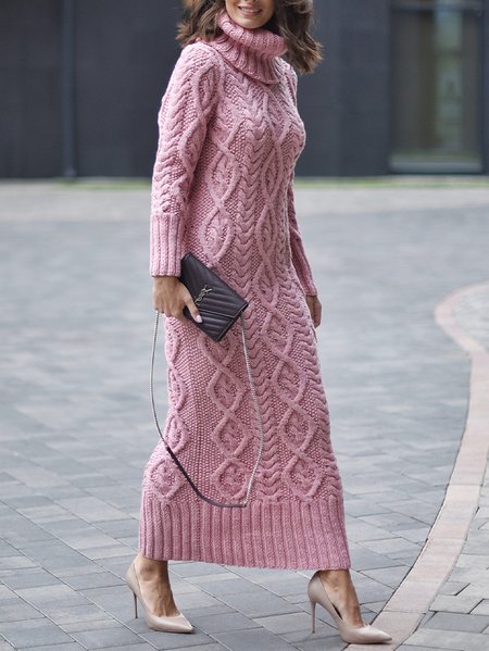 

Casual Turtleneck Sweater Dress, Pink, Maxi Dresses