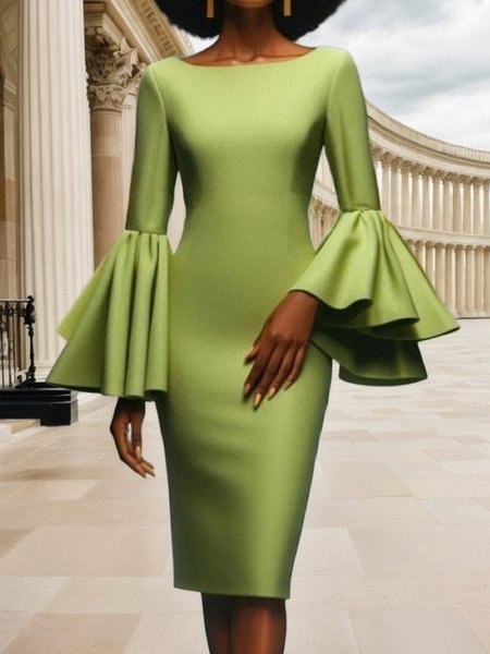 

Elegant Plain Regular Fit Ruffle Sleeve Party Dress, Green, Midi Dresses