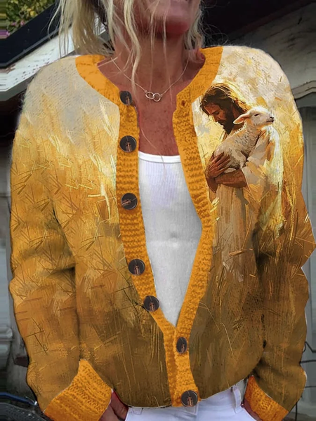 Women's Jesus Lamb Art Print Knit Cardigan, As picture, Cardigans