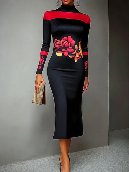 

Urban Floral Mock Neck Maxi Dress, Reddish black, Maxi Dresses