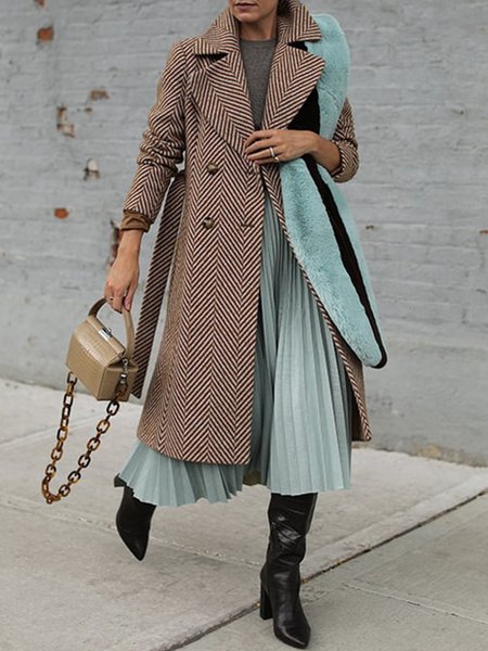 

Urban Herringbone Buttoned Lapel Collar Coat With Belt, Brown, Coats