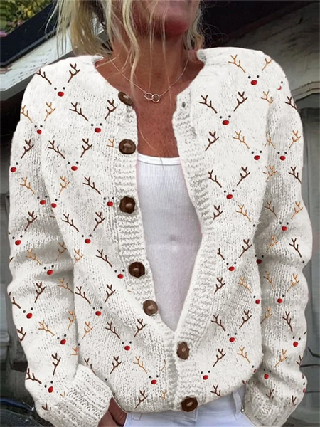 Women's Christmas Elk Plaid Print Knit Cardigan, As picture, Cardigans