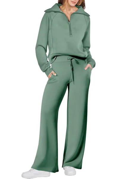 

Casual Plain V Neck Loose Two-Piece Set, Aqua, Suits