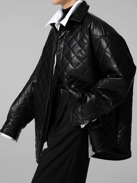 

Urban PU Loose Shirt Collar Long Sleeve Padded Jacket, Black, Others