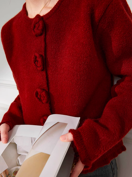 

Regular Sleeve 3D Floral Elegant Cardigan Sweater, Red, Cardigans