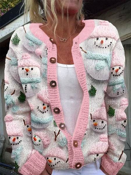 

Women's Christmas Snowman Art Print Knit Cardigan, As picture, Cardigans