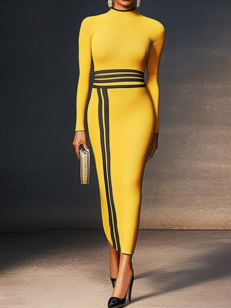 

Urban Mock Neck Regular Sleeve Tight Sweater Dress, Yellow, Maxi Dresses