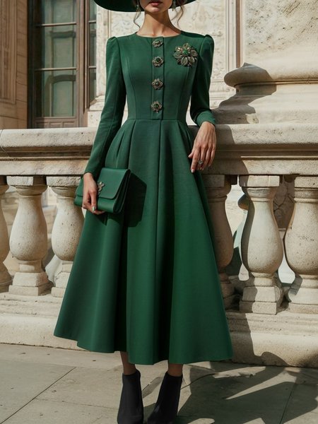 

Elegant Crew Neck Buttoned Plain Long Sleeve Dress With Brooch, Green, Midi Dresses