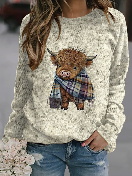 

Cute highland cow round neck sweater, Apricot, Sweaters