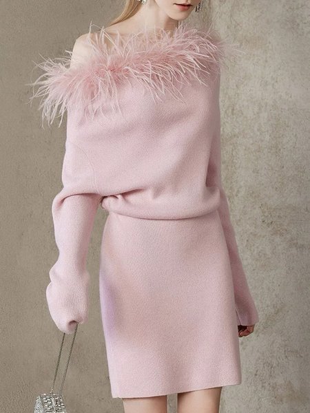 

Regular Fit Elegant Raglan Sleeve Feather Sweater Dress, Pink, Mini Dresses