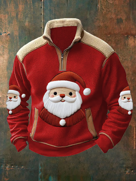 

Men's Christmas Santa Plush Colorblock Zip Pullover Sweatshirt, Red, Hoodies&Sweatshirts