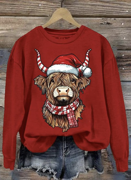 

Happy Christmas Highland Cow Round Neck Sweatshirt, Red, Hoodies&Sweatshirts