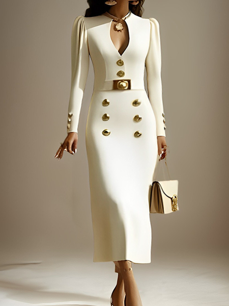 Elegant Puff Sleeve Buttoned Midi Dress, Off white, Midi Dresses