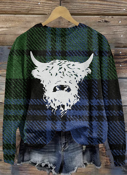 

Scottish Highlands Cowprint Round Neck Sweater, Green, Sweaters