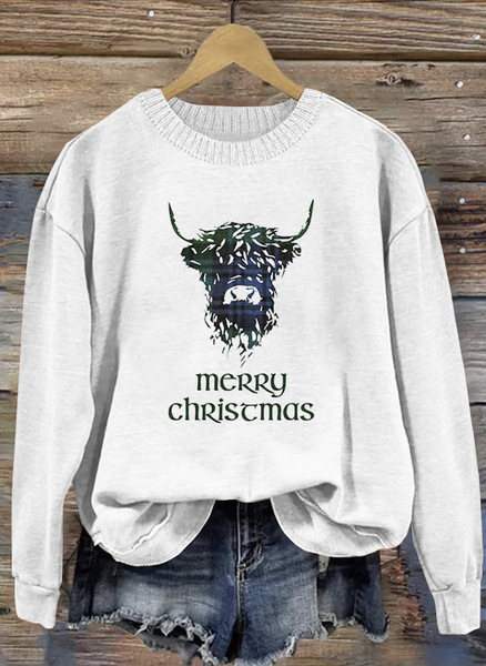 

Scottish Checkered Merry Christmas Highland Cow Round Neck Sweatshirt, White, Hoodies&Sweatshirts
