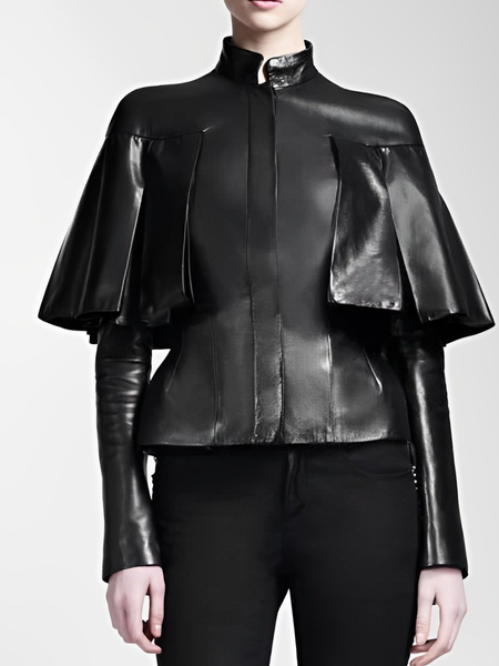 

PU Stand Collar Long Sleeve Regular Sleeve Stand Collar Urban Faux Leather Coat, Black, Jackets