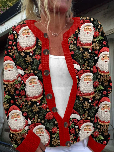 

Women's Santa Claus Art Print Knit Cardigan, As picture, Cardigans
