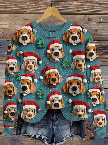 

Women's Christmas Dog Art Print Crew Neck Knit Sweater, As picture, Sweaters
