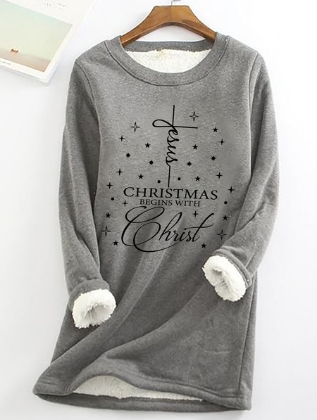 Christmas Begins With Christ Casual Fluff Fleece Fabric Sweatshirt, Gray, Hoodies&Sweatshirts