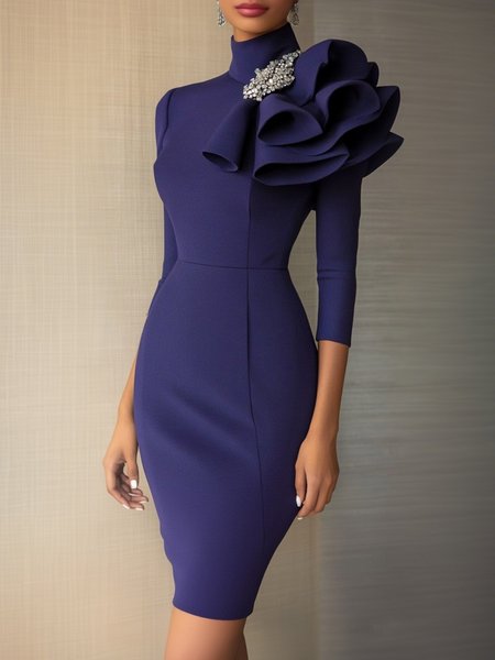

Tight Stand Collar Elegant Peplum Party Dress With Brooch, Purple, Mini Dresses