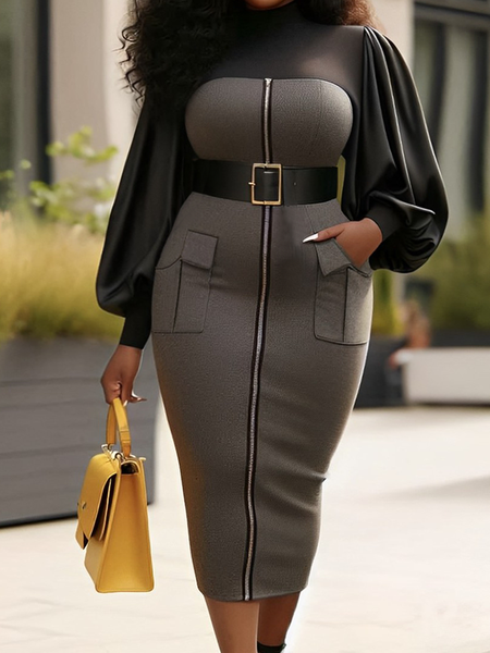 

Micro-Elasticity Tight Elegant Color Block Balloon Sleeve Long Sleeve Dress With No Belt, As picture, Midi Dresses
