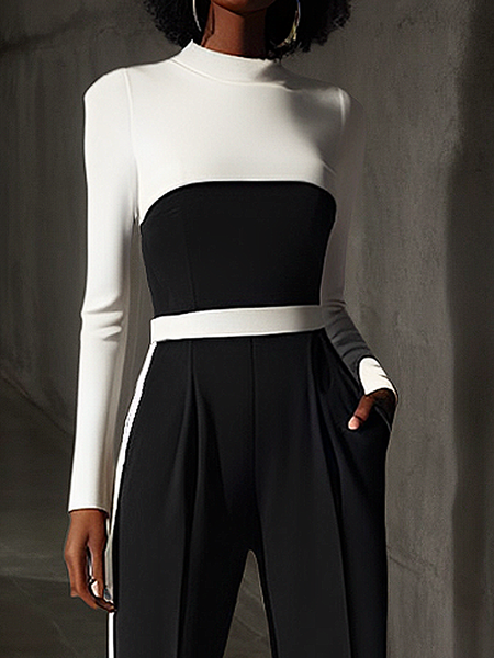 

Micro-Elasticity Tight Urban Regular Sleeve Color Block Stand Collar Long Sleeve T-Shirt, Black-white, Tees