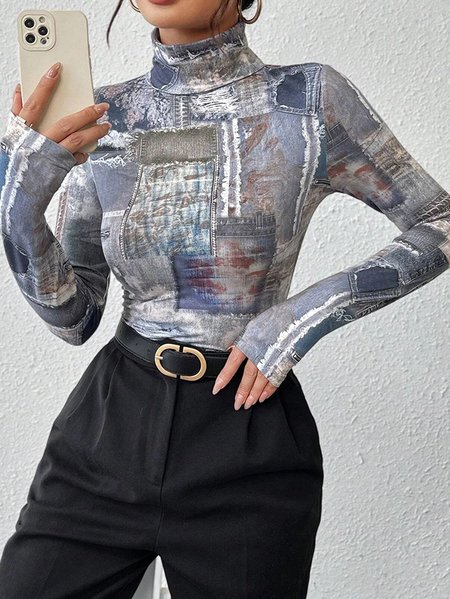 

Denim Print Graphic Casual Regular Sleeve T-Shirt, As picture, Tees
