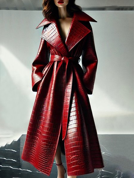 

Regular Sleeve Urban Pu Faux Leather Coat With Belt, Red, Jackets